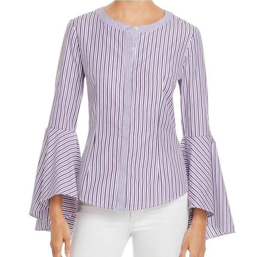 Milly Michelle Bell-Sleeve Striped Shirting Blouse